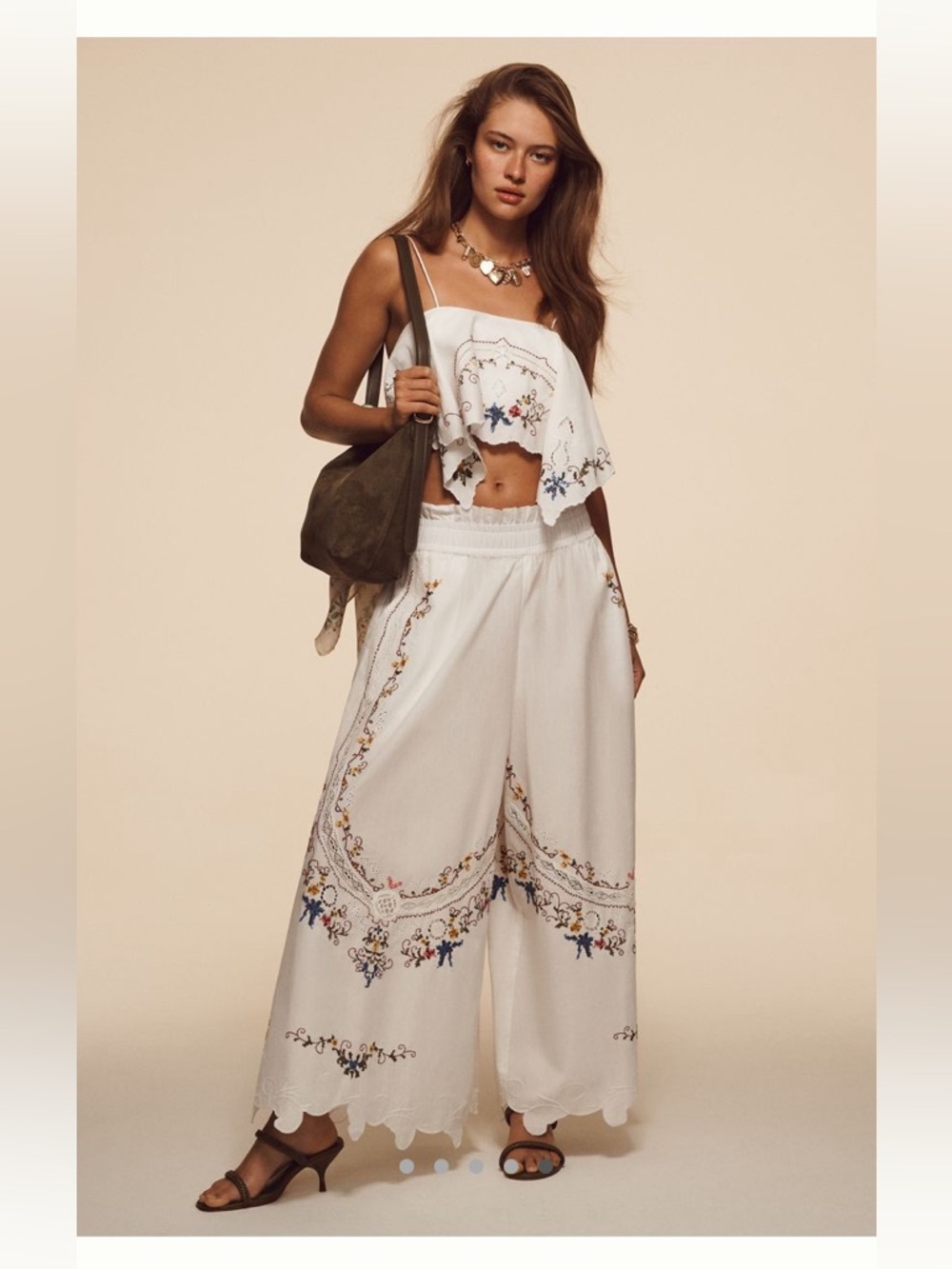 Anthropologie White Wide-Leg Embroidered Pants